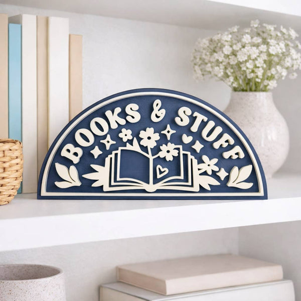 Books and Stuff Bookshelf Sign Decor